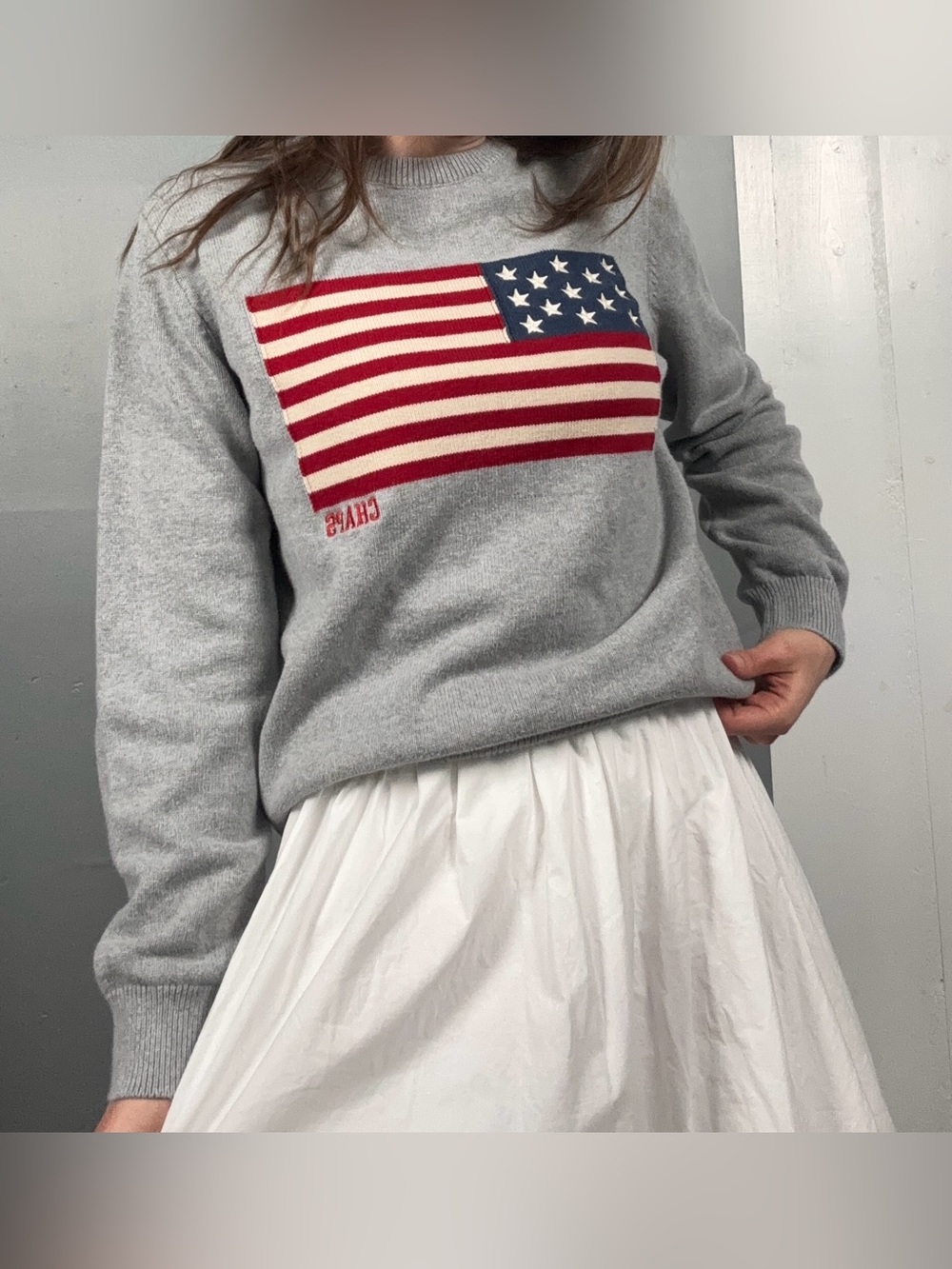 Retro Style 100% Cotton Gray American Flag Crewneck Sweater